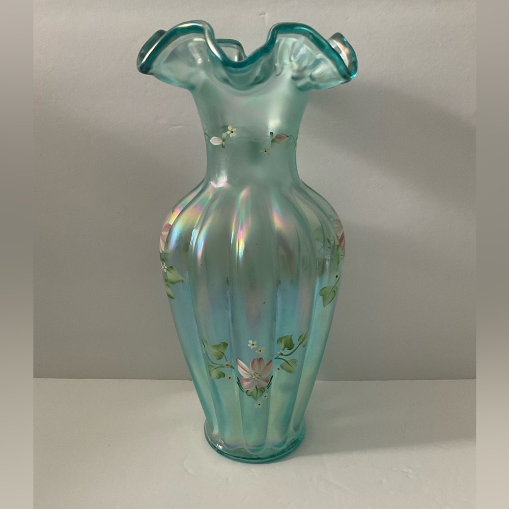 Fenton Ruffled Rim Iridescent Mist Green Vase - Picture 3 of 7
